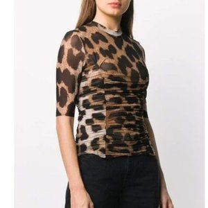 NWT Maxi Leopard GANNI Printed Mesh Rouched Top Style T2504